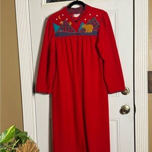 Vintage Cottagecore Long Red Soft Zip Up Robe Bears Grandma 80s M/L